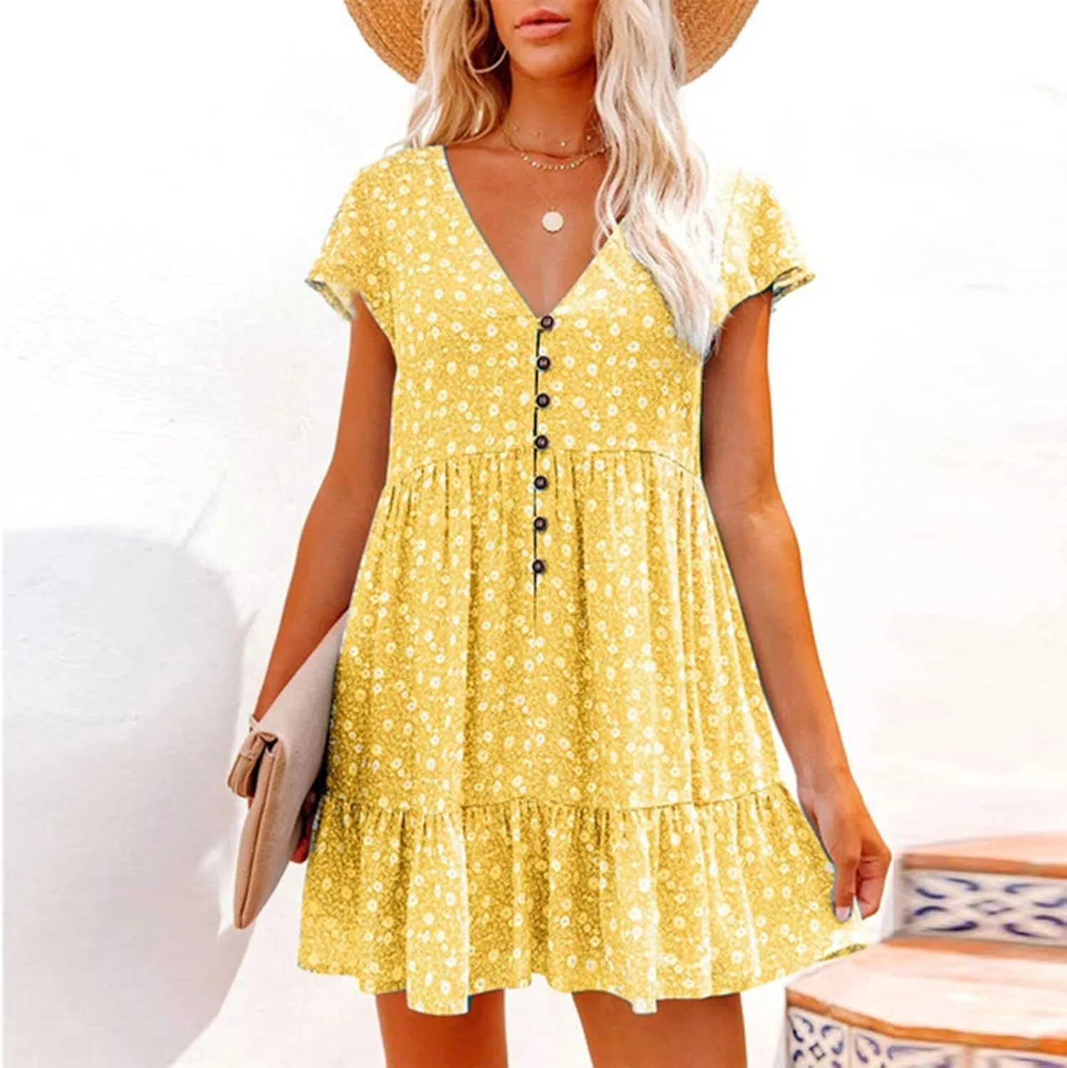 Stylish Short Dresses Flowy Floral Button with Sleeves Elegant Dress for Women Summer Mini Ruffle Outdoor Dresses