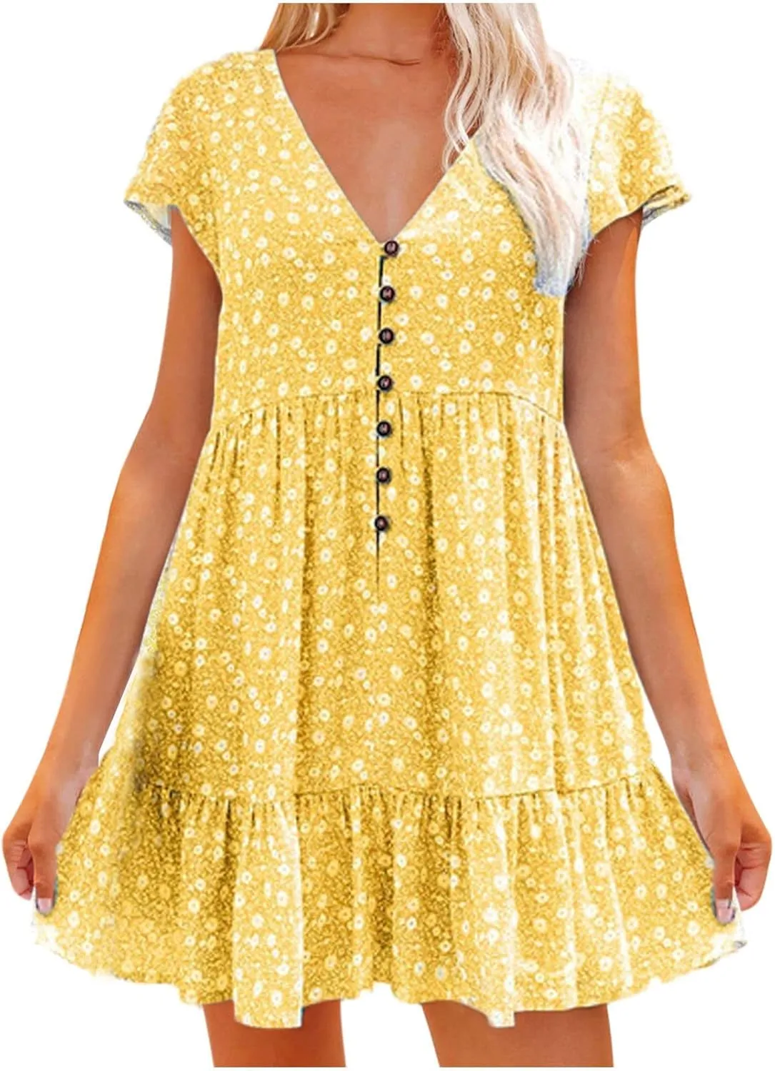 Stylish Short Dresses Flowy Floral Button with Sleeves Elegant Dress for Women Summer Mini Ruffle Outdoor Dresses