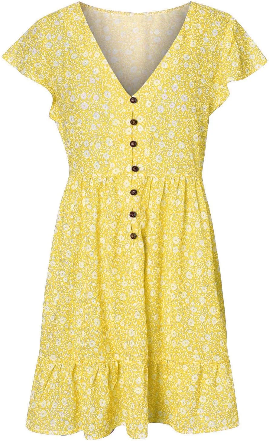 Stylish Short Dresses Flowy Floral Button with Sleeves Elegant Dress for Women Summer Mini Ruffle Outdoor Dresses