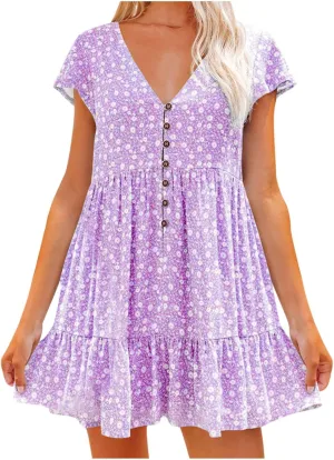 Stylish Short Dresses Flowy Floral Button with Sleeves Elegant Dress for Women Summer Mini Ruffle Outdoor Dresses