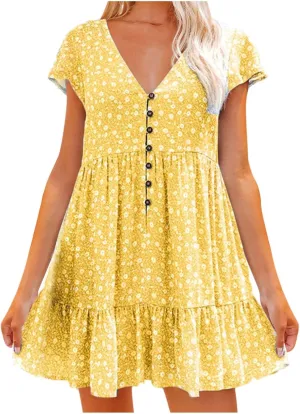 Stylish Short Dresses Flowy Floral Button with Sleeves Elegant Dress for Women Summer Mini Ruffle Outdoor Dresses