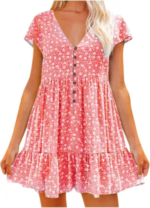 Stylish Short Dresses Flowy Floral Button with Sleeves Elegant Dress for Women Summer Mini Ruffle Outdoor Dresses