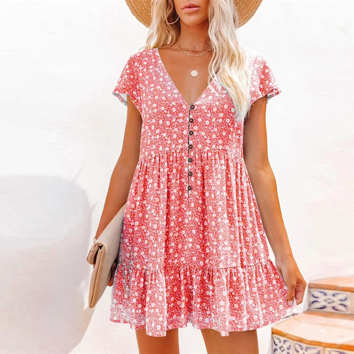 Stylish Short Dresses Flowy Floral Button with Sleeves Elegant Dress for Women Summer Mini Ruffle Outdoor Dresses
