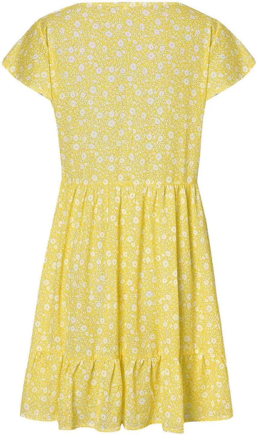 Stylish Short Dresses Flowy Floral Button with Sleeves Elegant Dress for Women Summer Mini Ruffle Outdoor Dresses