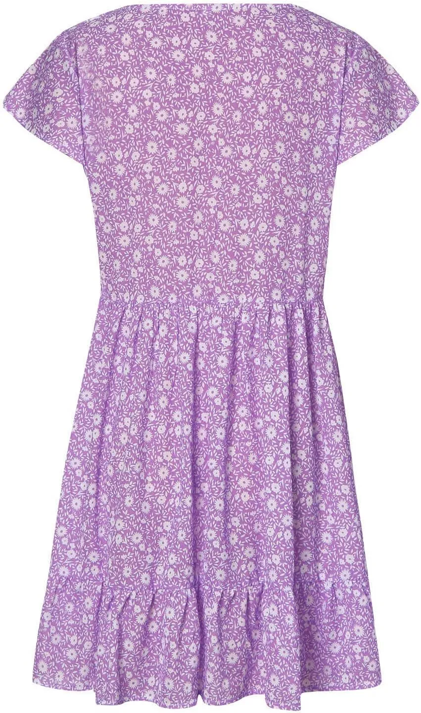 Stylish Short Dresses Flowy Floral Button with Sleeves Elegant Dress for Women Summer Mini Ruffle Outdoor Dresses