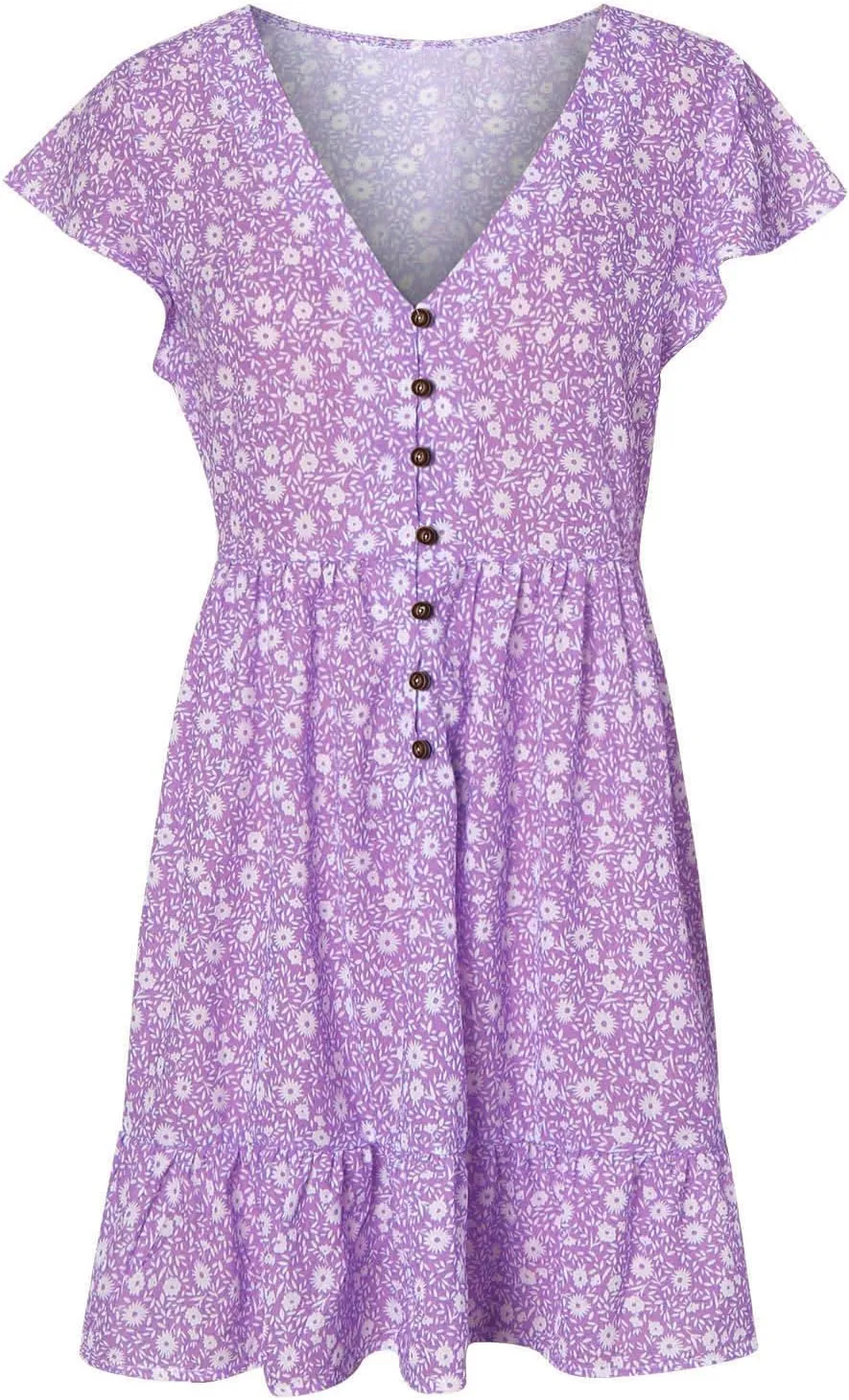 Stylish Short Dresses Flowy Floral Button with Sleeves Elegant Dress for Women Summer Mini Ruffle Outdoor Dresses
