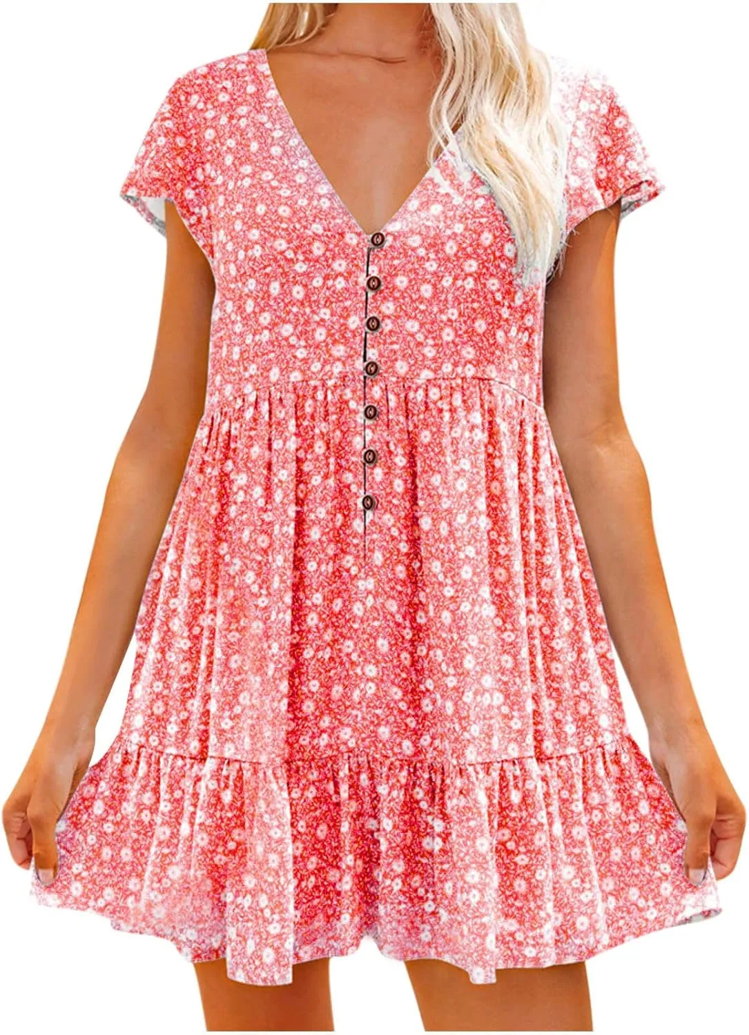 Stylish Short Dresses Flowy Floral Button with Sleeves Elegant Dress for Women Summer Mini Ruffle Outdoor Dresses
