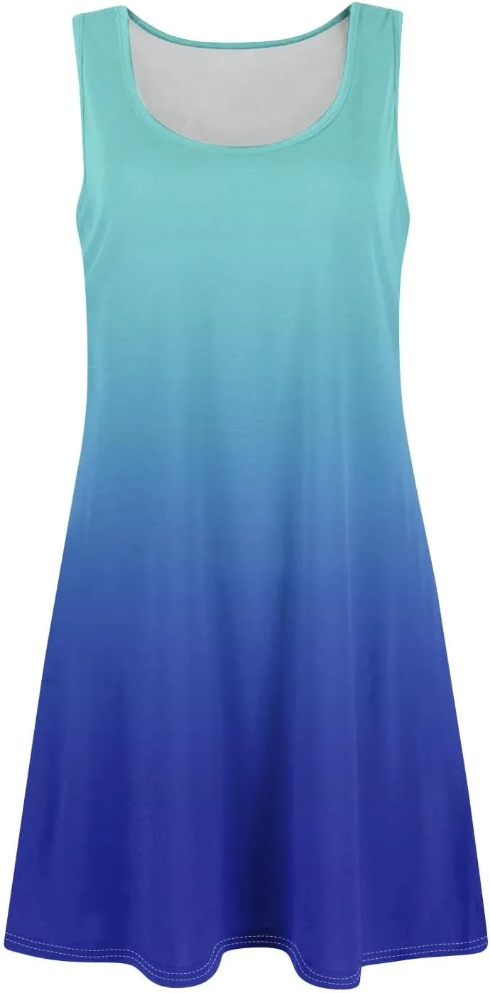Summer Dress for Women Casual Trendy Ombre Gradient U-Neck Sleeveless Beach Vacation Mini Tank Sundress with Pocket
