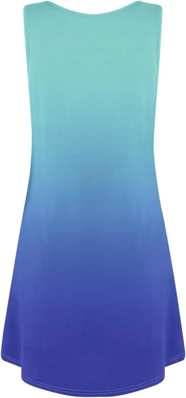 Summer Dress for Women Casual Trendy Ombre Gradient U-Neck Sleeveless Beach Vacation Mini Tank Sundress with Pocket