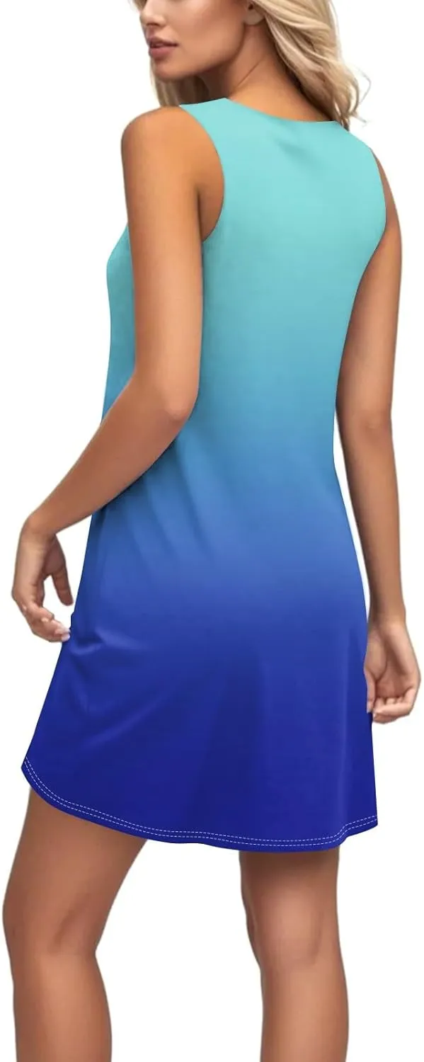 Summer Dress for Women Casual Trendy Ombre Gradient U-Neck Sleeveless Beach Vacation Mini Tank Sundress with Pocket