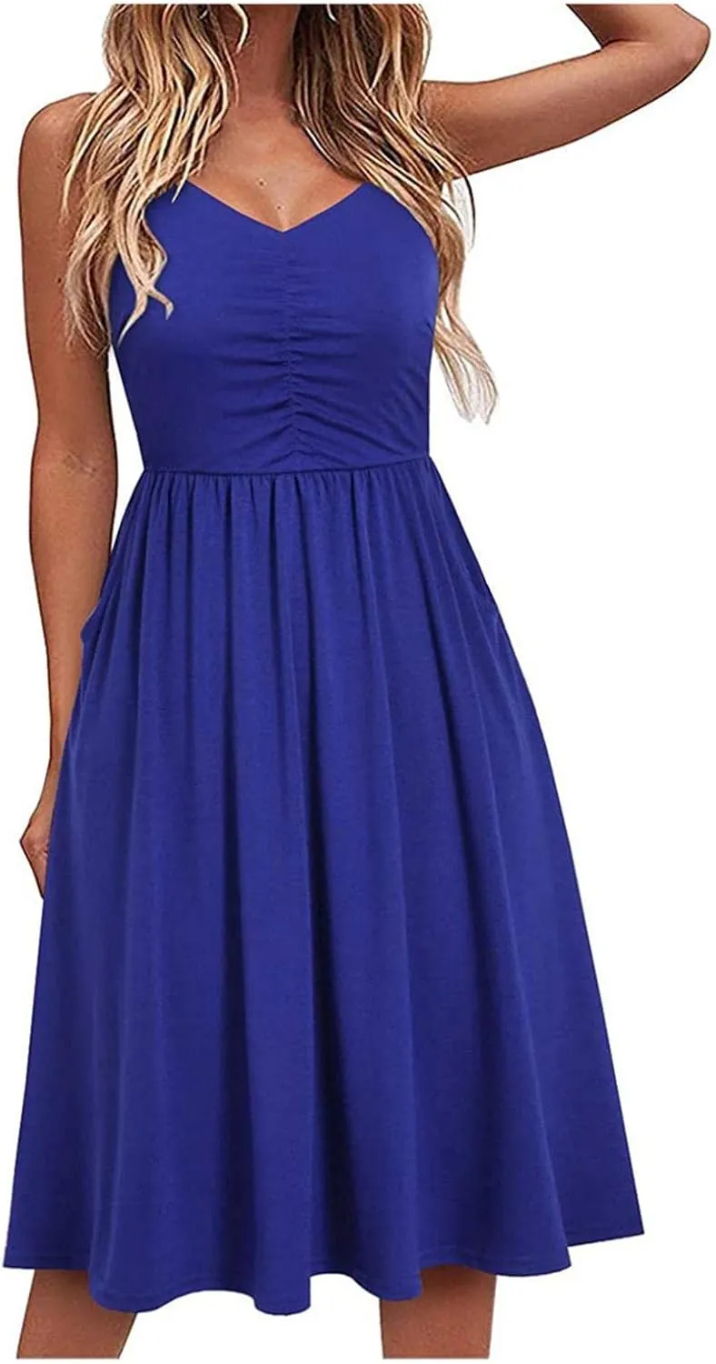 Summer Dress for Women Ruched Flowy Sundress Casual Floral Beach Dresses Flattering A-Line Spaghetti Strap Midi Dress