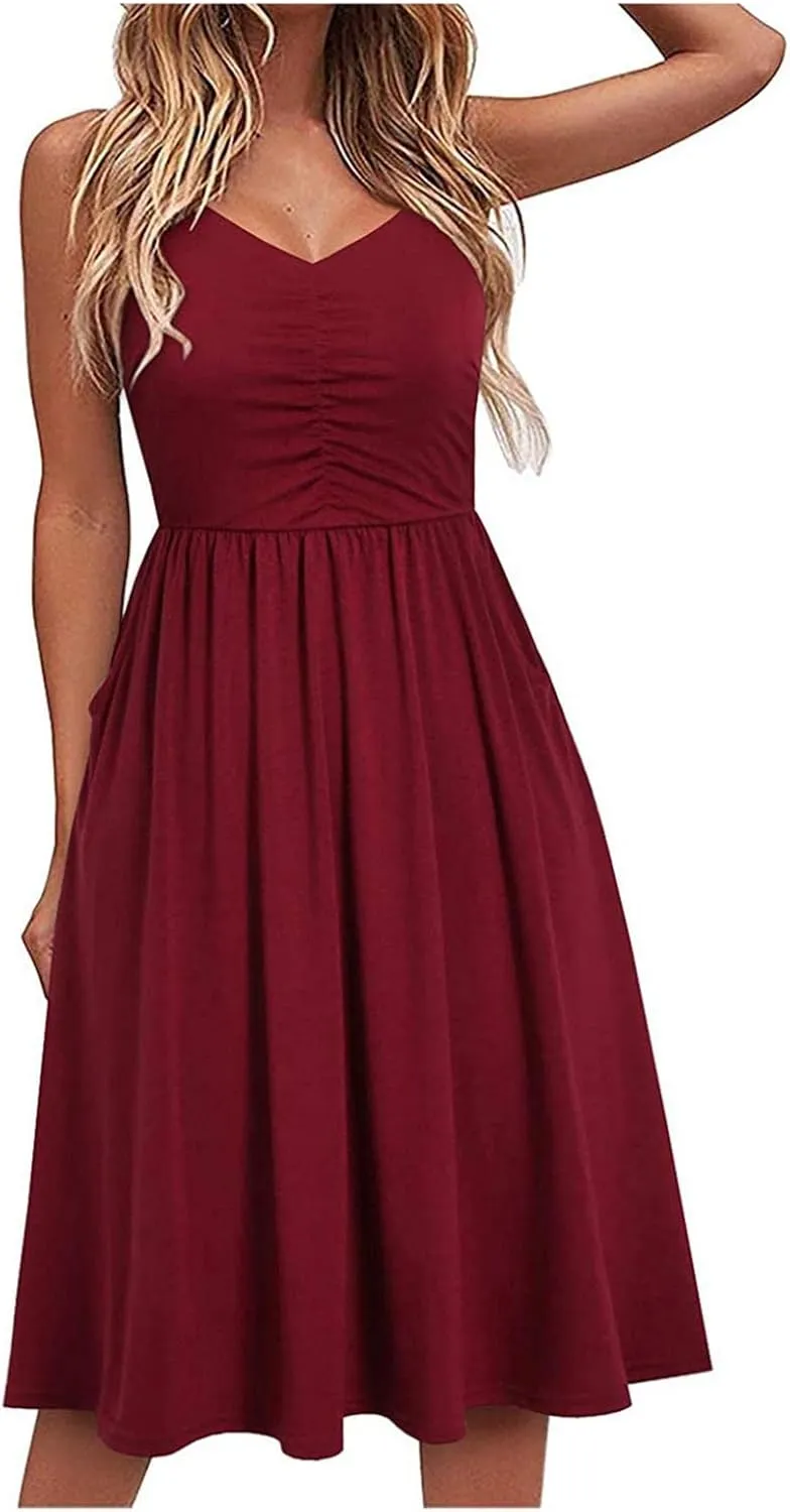 Summer Dress for Women Ruched Flowy Sundress Casual Floral Beach Dresses Flattering A-Line Spaghetti Strap Midi Dress