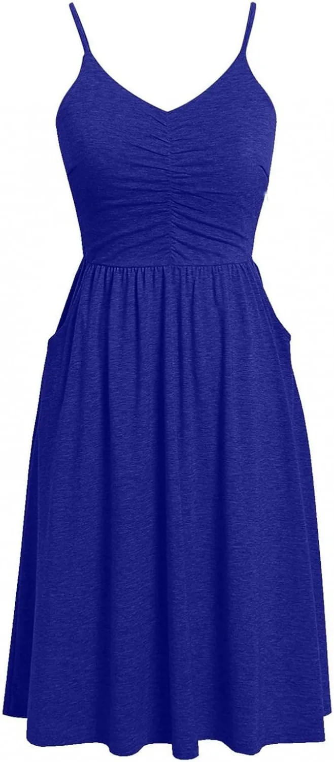 Summer Dress for Women Ruched Flowy Sundress Casual Floral Beach Dresses Flattering A-Line Spaghetti Strap Midi Dress