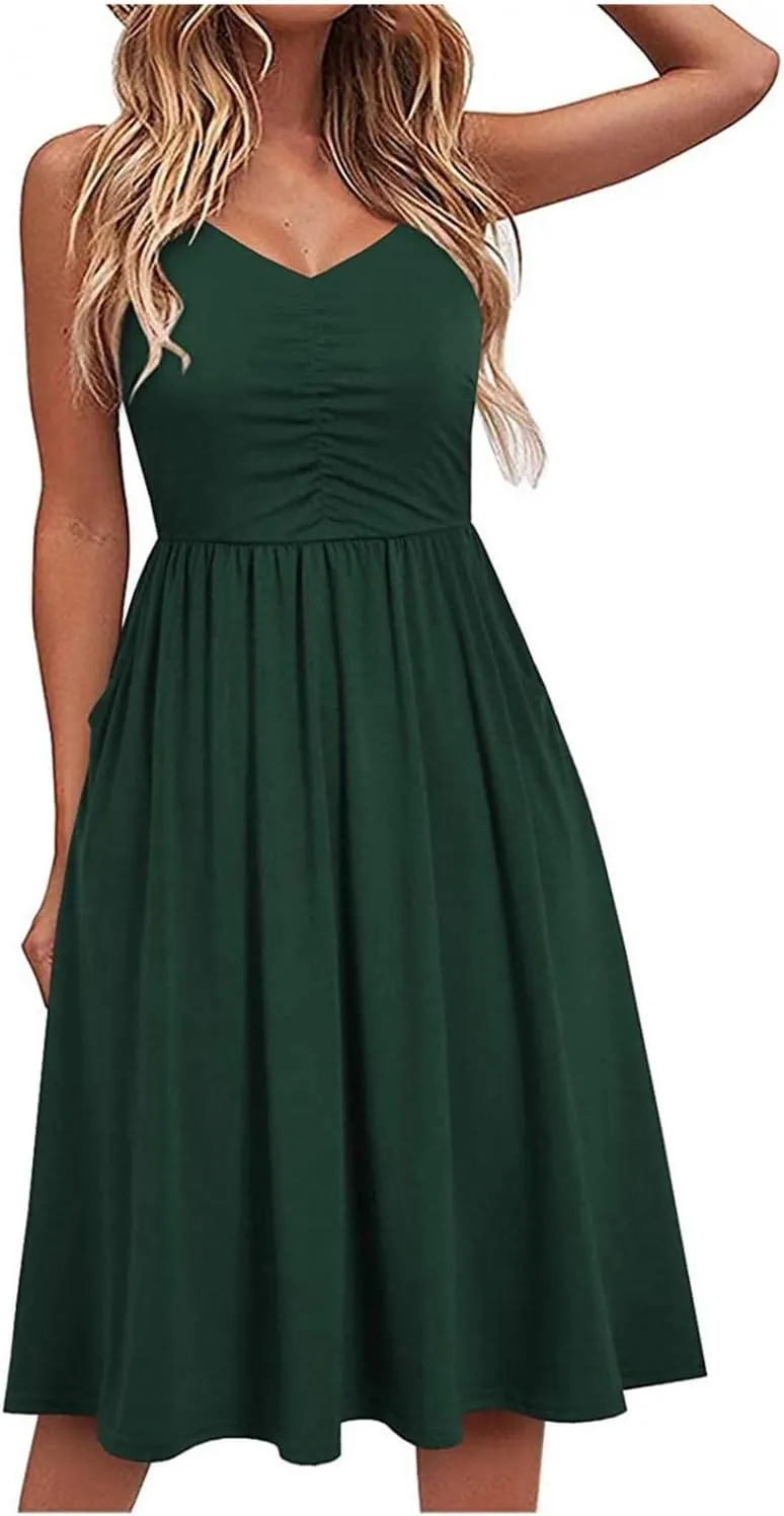 Summer Dress for Women Ruched Flowy Sundress Casual Floral Beach Dresses Flattering A-Line Spaghetti Strap Midi Dress