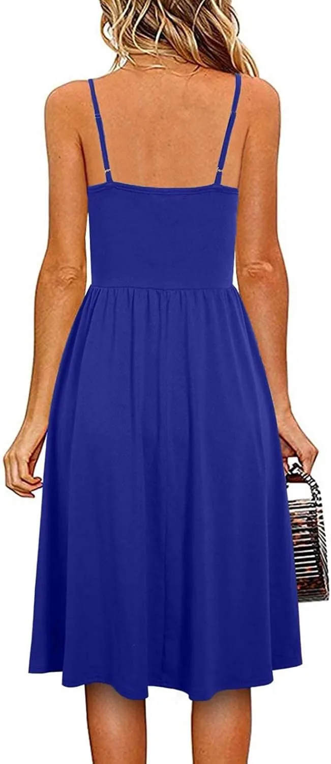 Summer Dress for Women Ruched Flowy Sundress Casual Floral Beach Dresses Flattering A-Line Spaghetti Strap Midi Dress