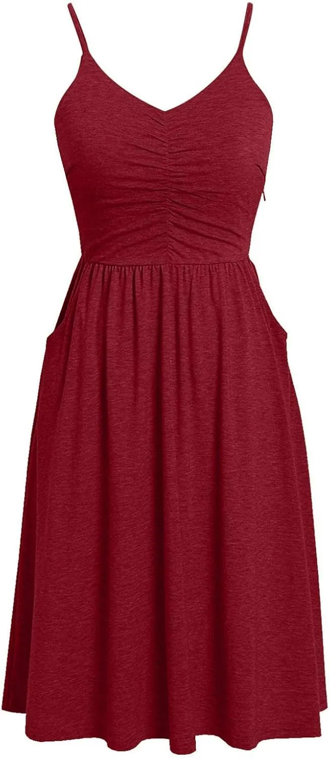 Summer Dress for Women Ruched Flowy Sundress Casual Floral Beach Dresses Flattering A-Line Spaghetti Strap Midi Dress