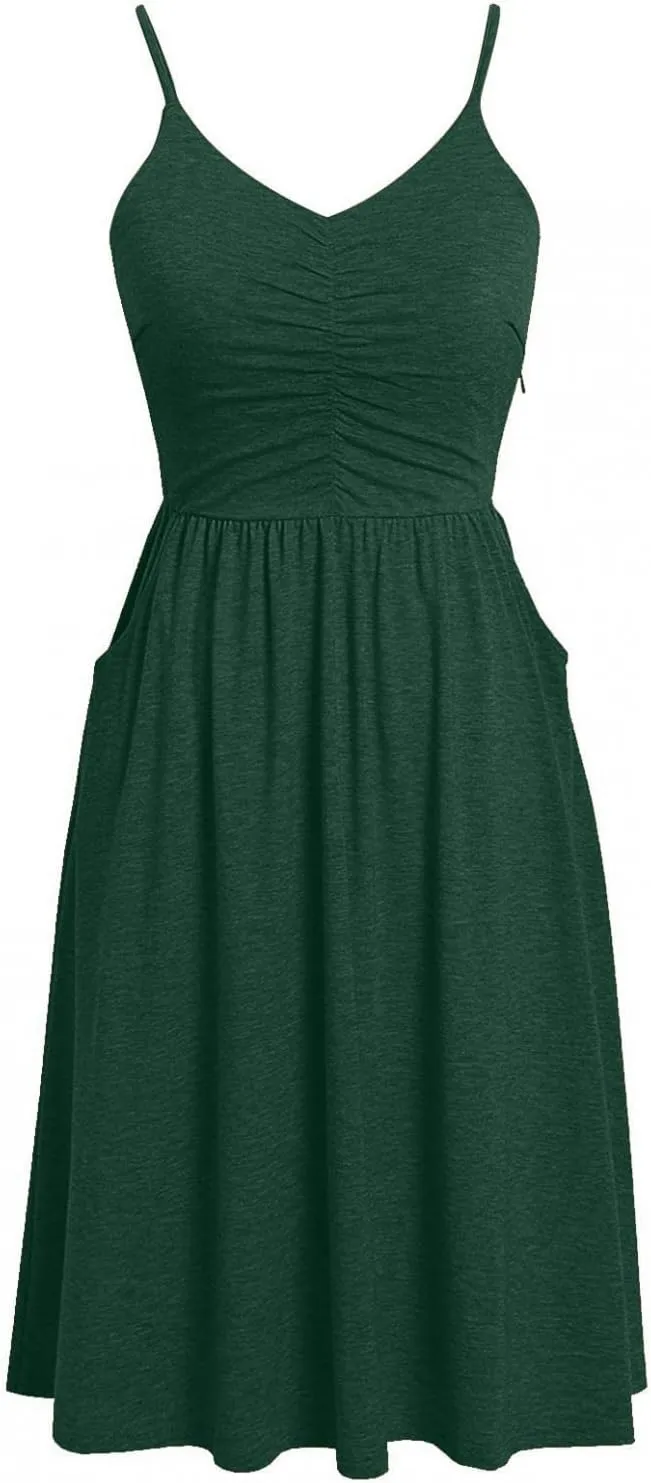 Summer Dress for Women Ruched Flowy Sundress Casual Floral Beach Dresses Flattering A-Line Spaghetti Strap Midi Dress