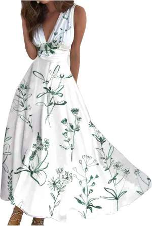 Summer Dresses for Women 2024 Deep V Neck Casual Cute Long Dress Elegant Floral Maxi Dresses Sexy Sleeveless Swing Dress