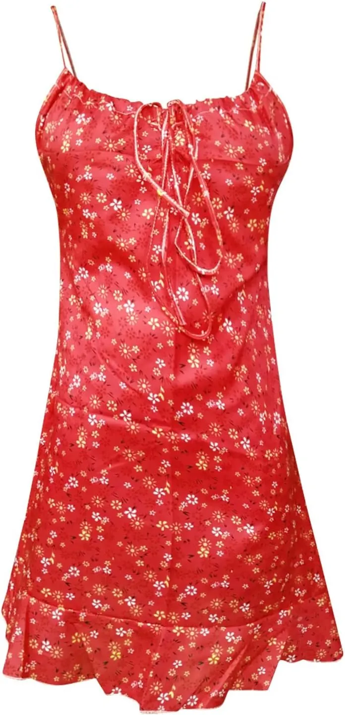 Summer Dresses for Women 2024 Sexy Camisole Sleveless Floral Print Ruched Ruffle Hem Stretch Soft Comfortable Dress