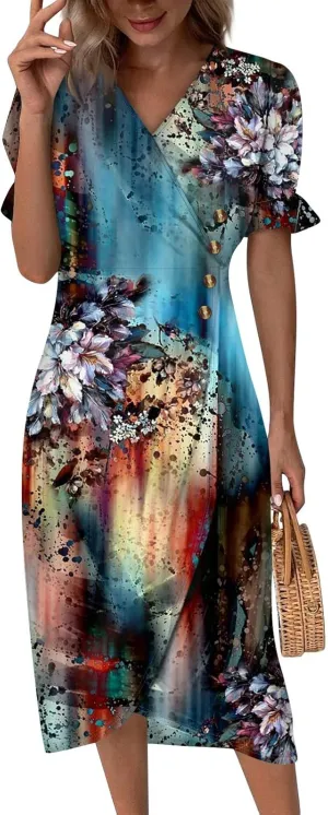 Summer Dresses for Women 2024 Wrap V Neck Short Sleeves Maxi Dresses Casual Floral Boho Flowy Beach Dresses