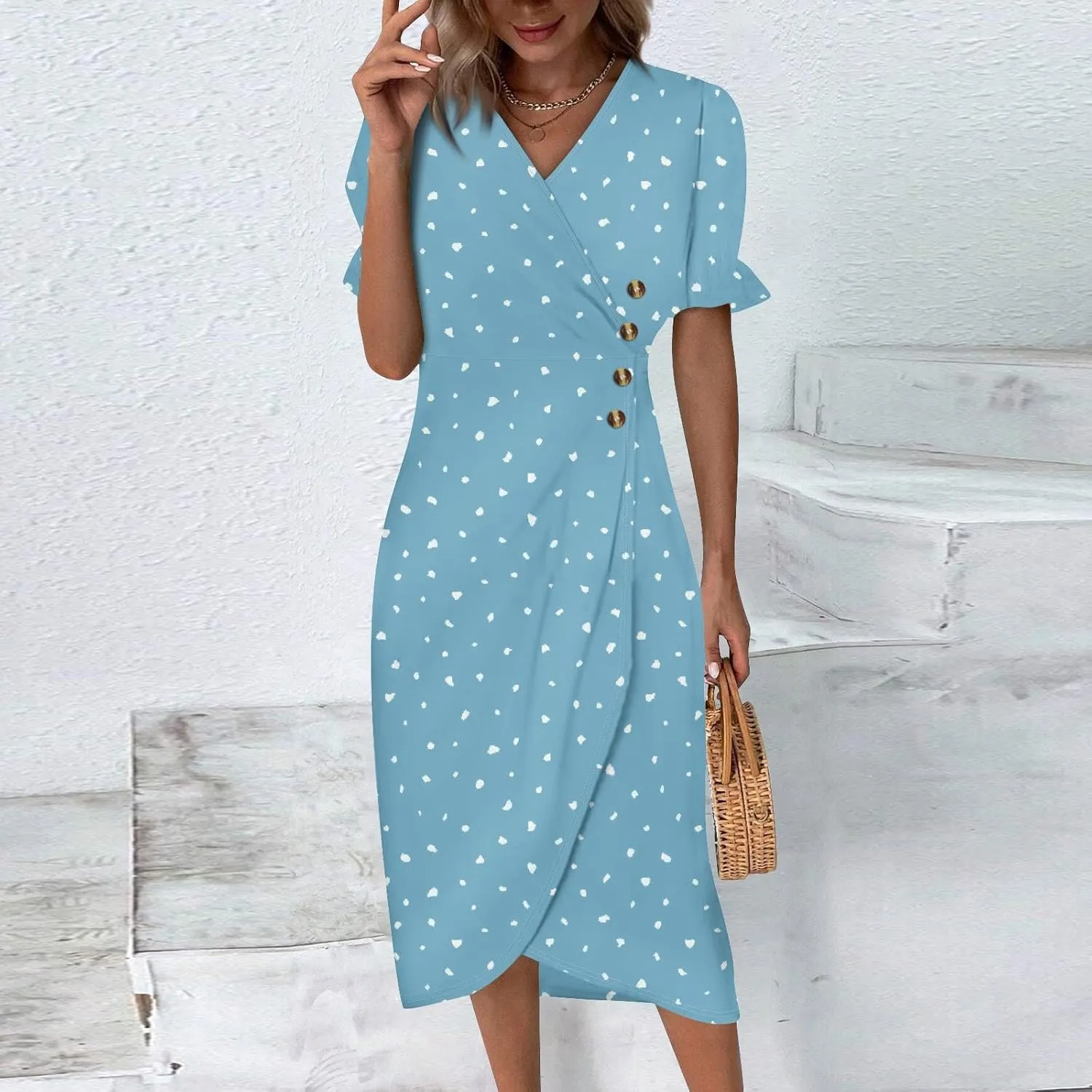 Summer Dresses for Women 2024 Wrap V Neck Short Sleeves Maxi Dresses Casual Floral Boho Flowy Beach Dresses