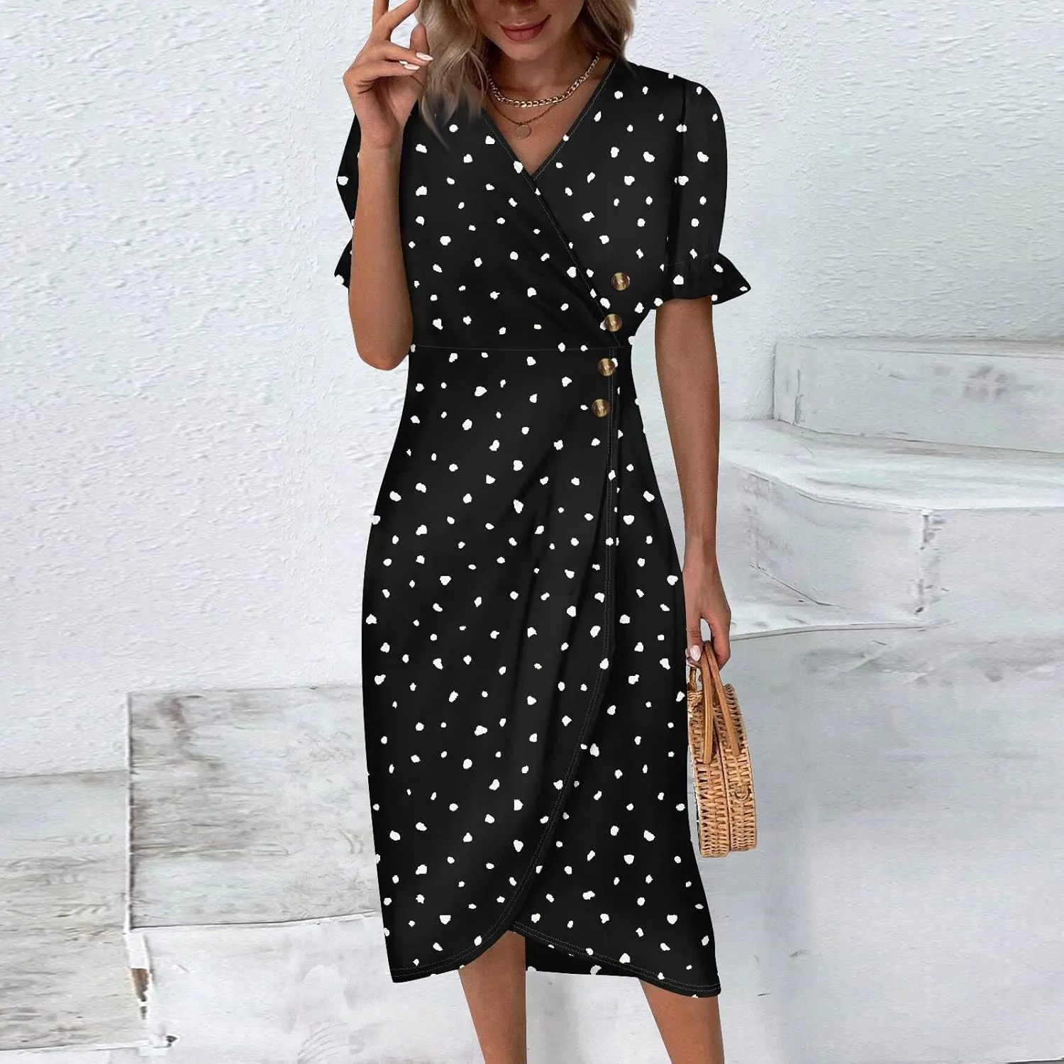 Summer Dresses for Women 2024 Wrap V Neck Short Sleeves Maxi Dresses Casual Floral Boho Flowy Beach Dresses