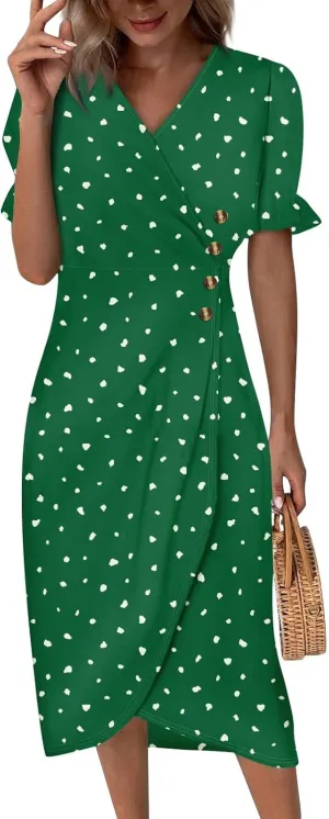 Summer Dresses for Women 2024 Wrap V Neck Short Sleeves Maxi Dresses Casual Floral Boho Flowy Beach Dresses