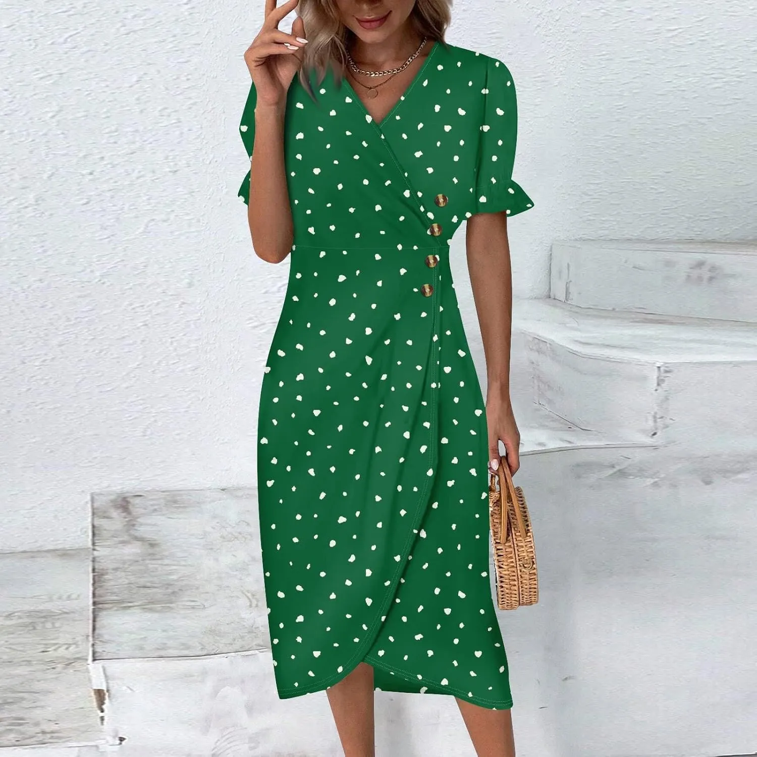 Summer Dresses for Women 2024 Wrap V Neck Short Sleeves Maxi Dresses Casual Floral Boho Flowy Beach Dresses
