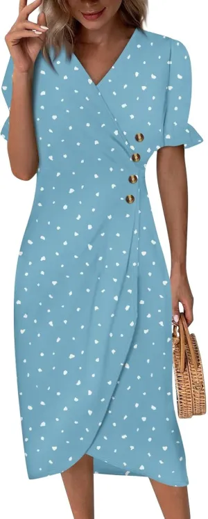 Summer Dresses for Women 2024 Wrap V Neck Short Sleeves Maxi Dresses Casual Floral Boho Flowy Beach Dresses