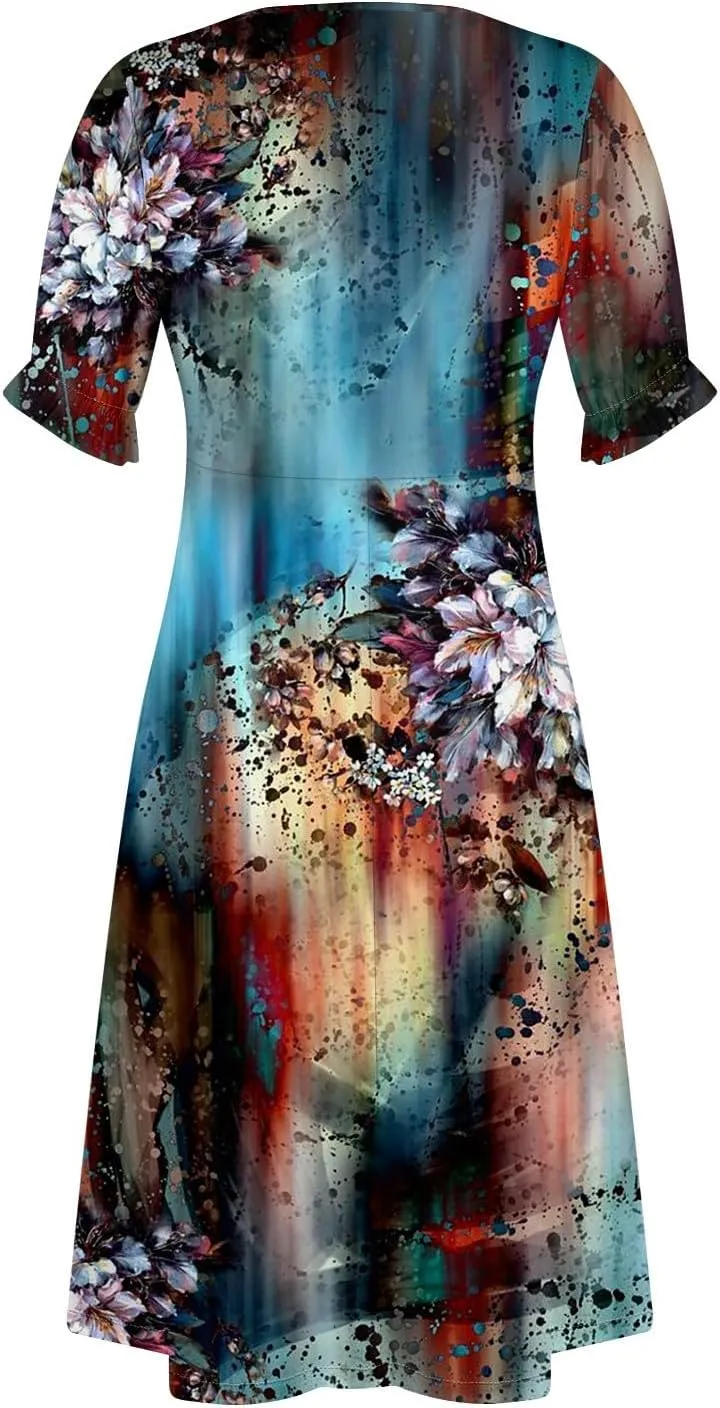 Summer Dresses for Women 2024 Wrap V Neck Short Sleeves Maxi Dresses Casual Floral Boho Flowy Beach Dresses