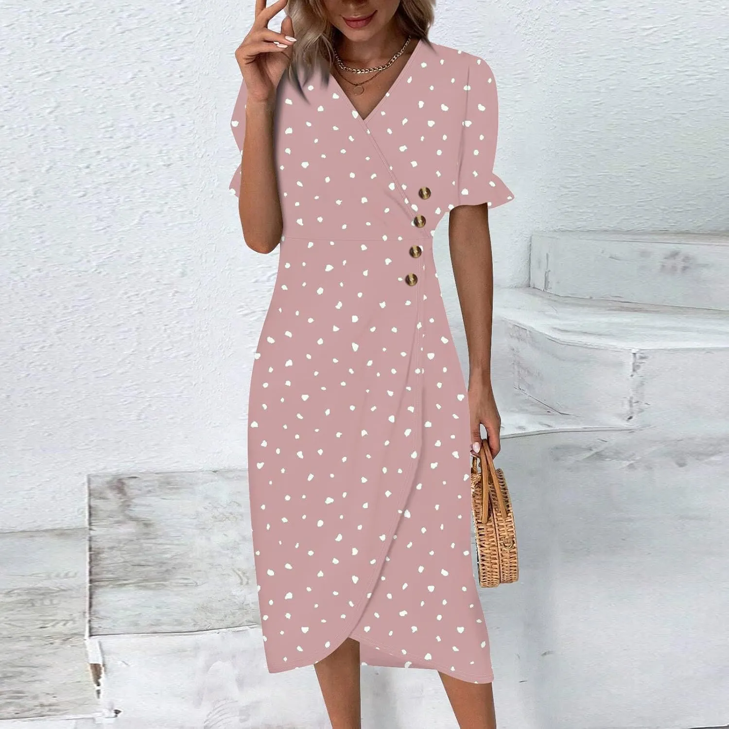 Summer Dresses for Women 2024 Wrap V Neck Short Sleeves Maxi Dresses Casual Floral Boho Flowy Beach Dresses