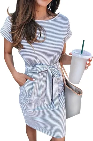 Summer Dresses for Women 2025 Casual Short Sleeve T Shirt Dress Tie Waist Belted Pencil Midi Dress with Pockets