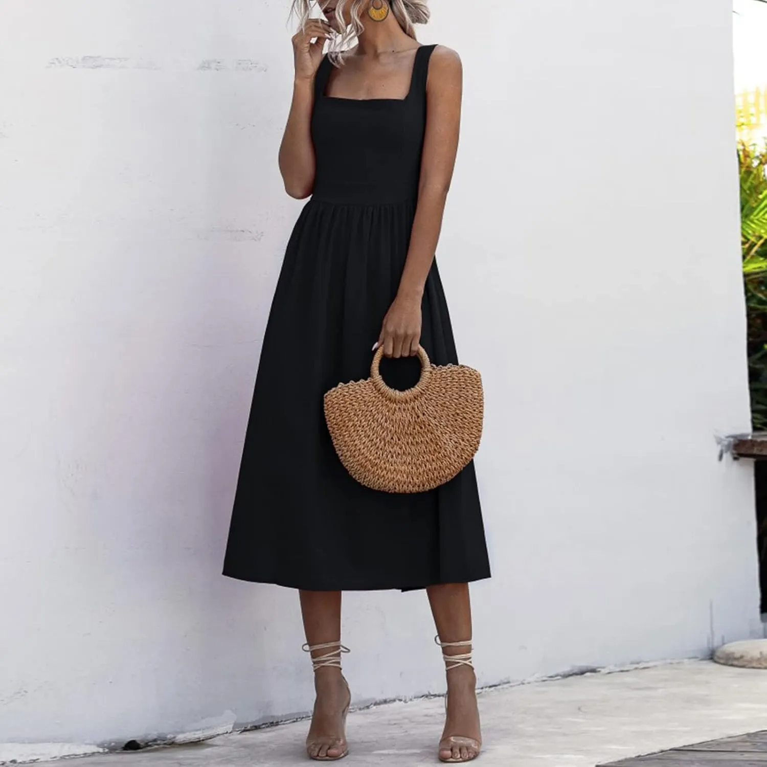 Summer Dresses for Women 2025 Casual Square Neck Mixi Dress Sleeveless Smocked Tank Dress Cocktail Party Sundresses