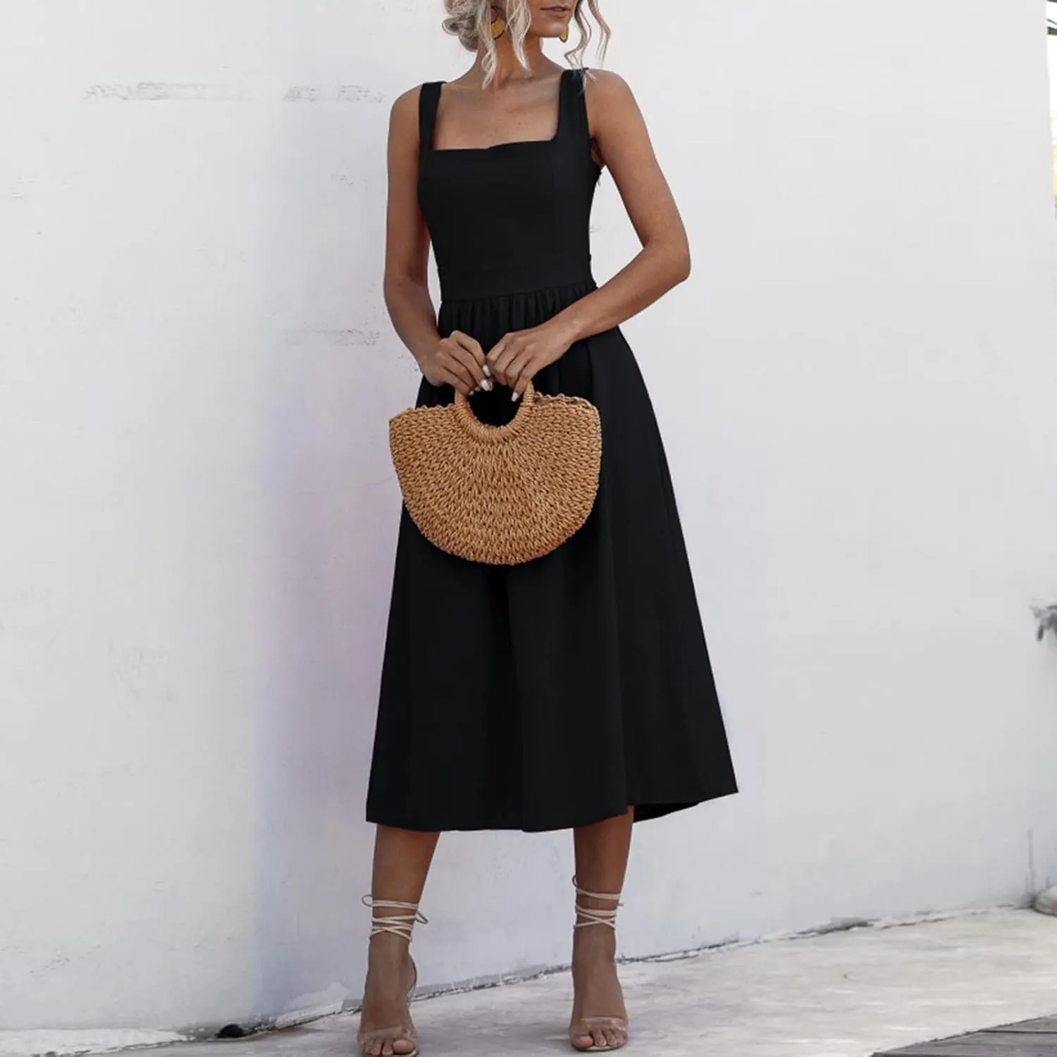 Summer Dresses for Women 2025 Casual Square Neck Mixi Dress Sleeveless Smocked Tank Dress Cocktail Party Sundresses