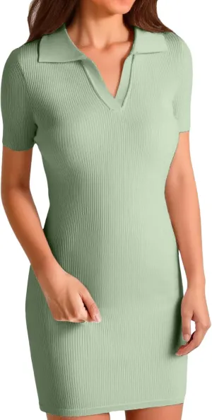 Summer Dresses for Women 2025 Collared Wrap Short Dresses Ribbed Short Sleeve V Neck Sun Dress Business Casual Dress