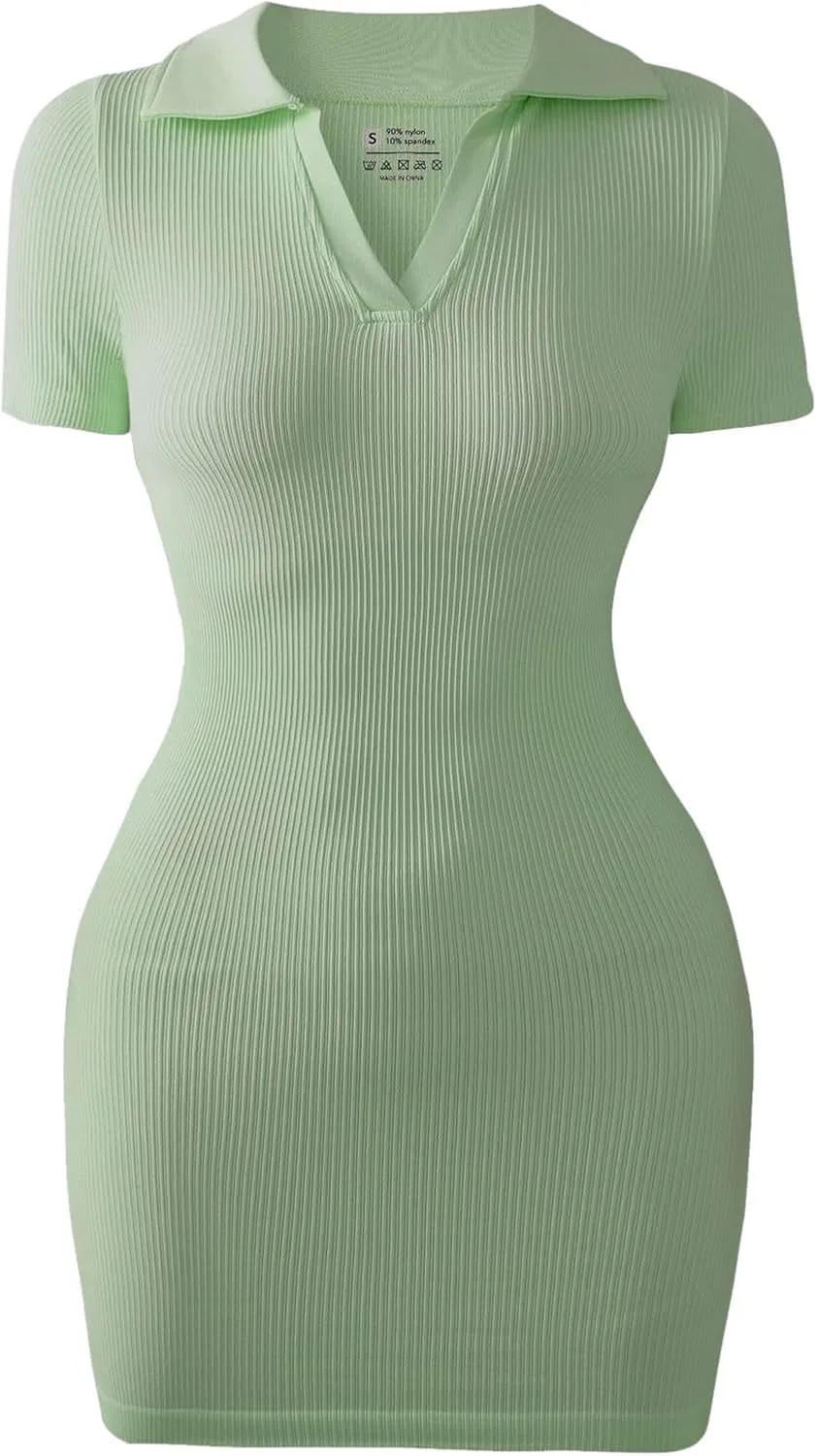 Summer Dresses for Women 2025 Collared Wrap Short Dresses Ribbed Short Sleeve V Neck Sun Dress Business Casual Dress