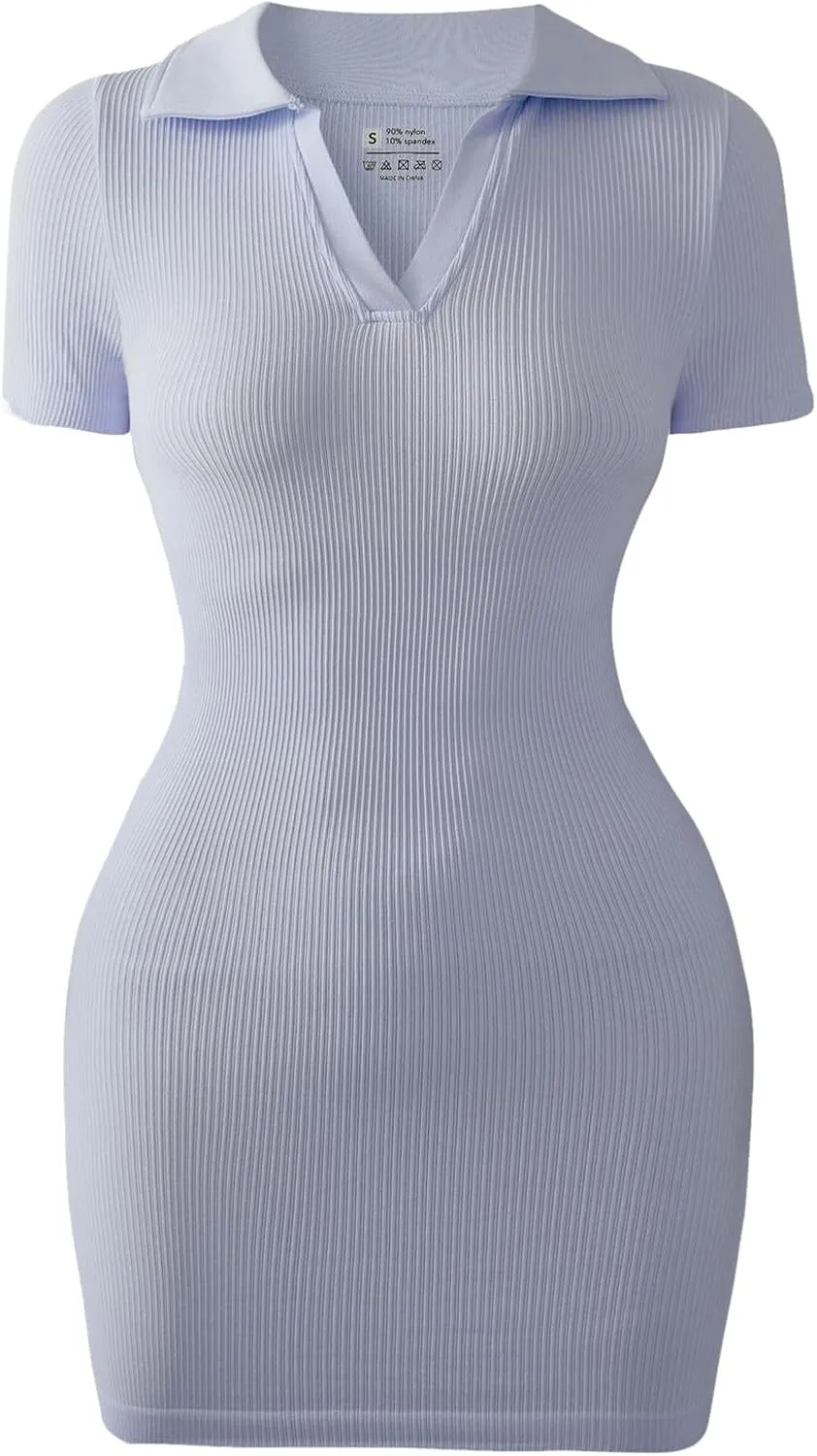 Summer Dresses for Women 2025 Collared Wrap Short Dresses Ribbed Short Sleeve V Neck Sun Dress Business Casual Dress