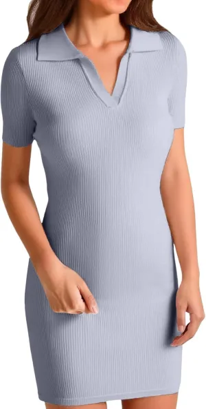 Summer Dresses for Women 2025 Collared Wrap Short Dresses Ribbed Short Sleeve V Neck Sun Dress Business Casual Dress