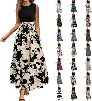 Summer Dresses for Women 2025 Elegant Classy Floral Boho Long Maxi Dress Empire Waist Flowy Swing Sundress with Belt