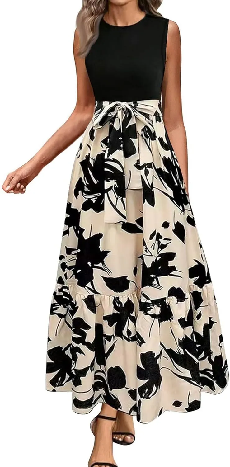 Summer Dresses for Women 2025 Elegant Classy Floral Boho Long Maxi Dress Empire Waist Flowy Swing Sundress with Belt
