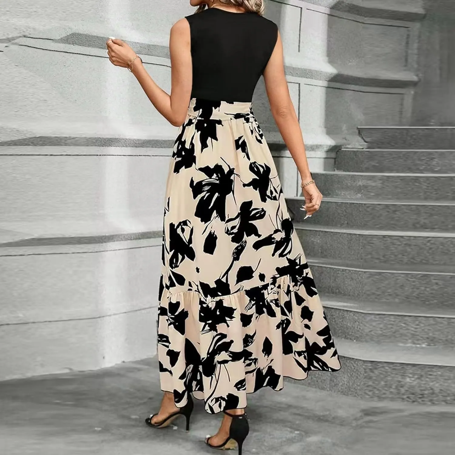 Summer Dresses for Women 2025 Elegant Classy Floral Boho Long Maxi Dress Empire Waist Flowy Swing Sundress with Belt