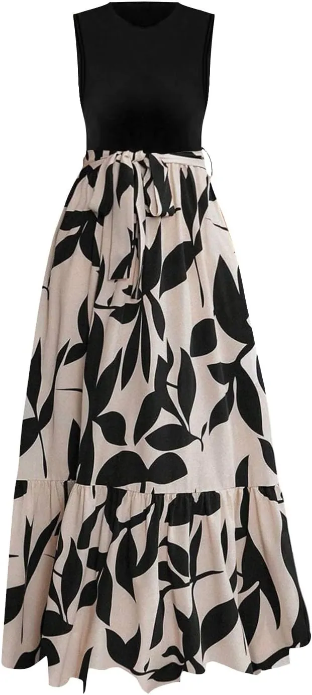 Summer Dresses for Women 2025 Elegant Classy Floral Boho Long Maxi Dress Empire Waist Flowy Swing Sundress with Belt