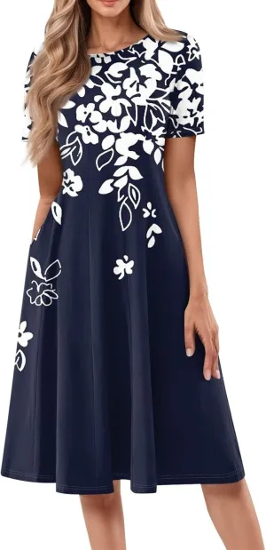 Summer Dresses for Women 2025 Elegant Pleated A Line Short Sleeve Midi Dress Boho Floral Beach Dresses Hawaiian Dress