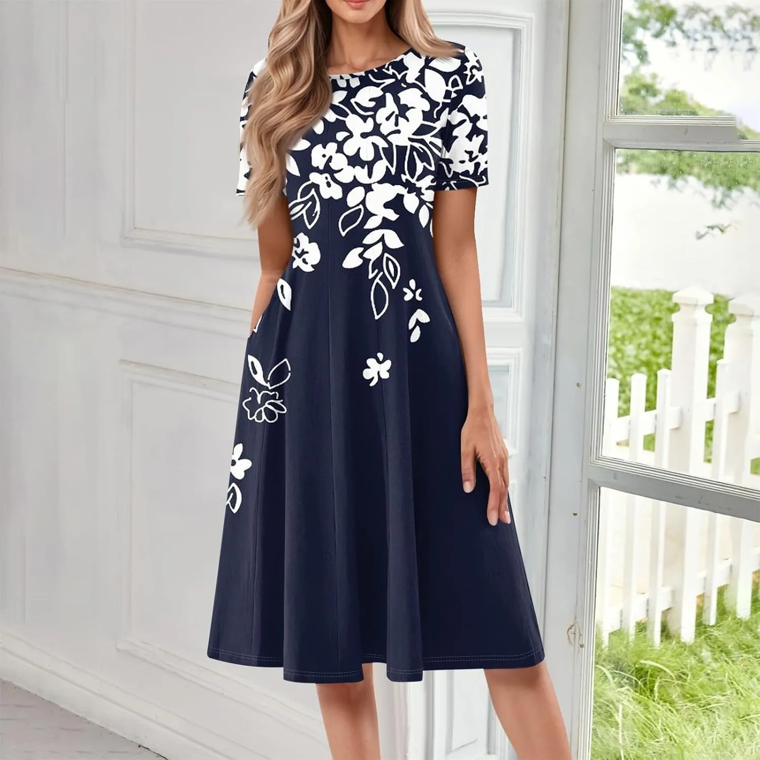 Summer Dresses for Women 2025 Elegant Pleated A Line Short Sleeve Midi Dress Boho Floral Beach Dresses Hawaiian Dress