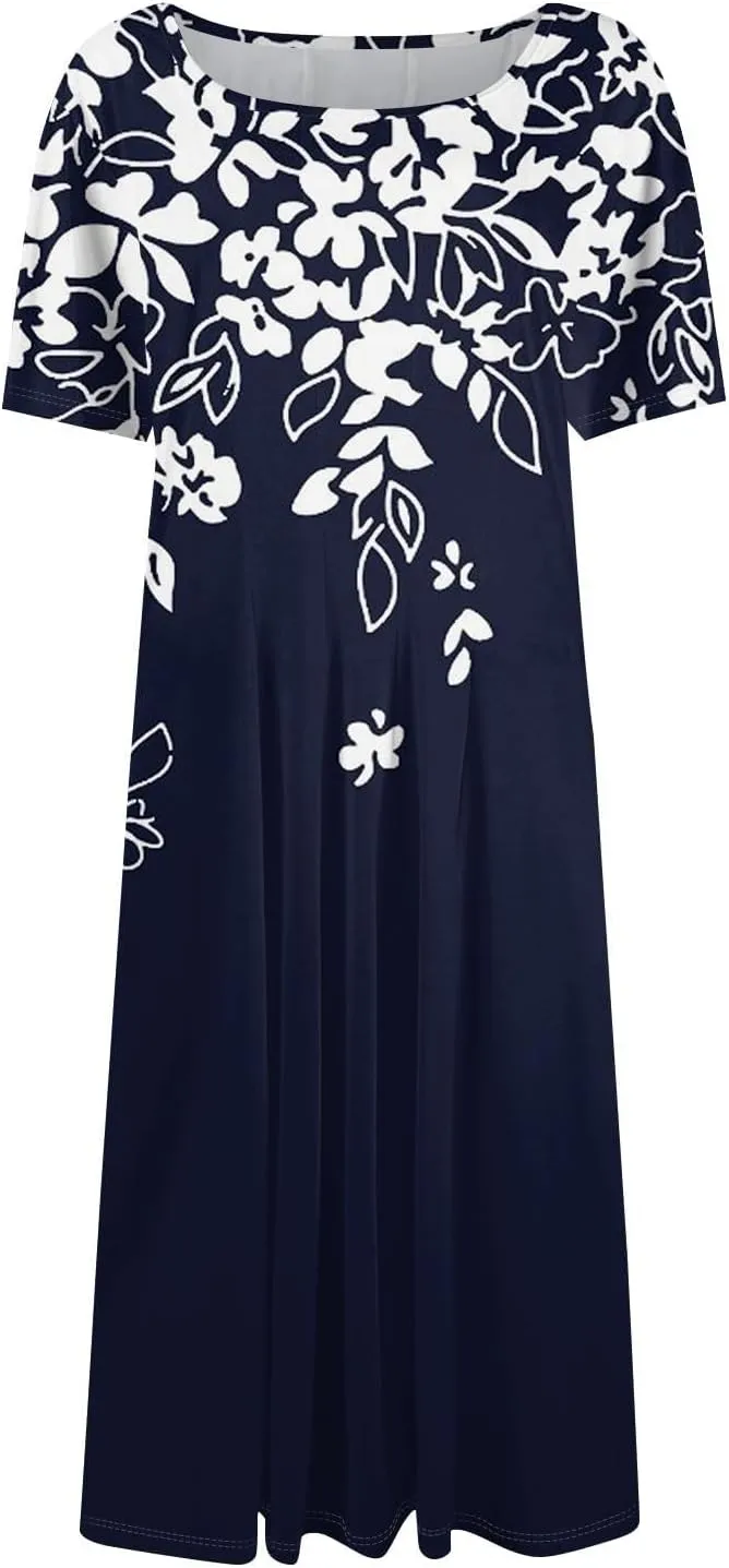 Summer Dresses for Women 2025 Elegant Pleated A Line Short Sleeve Midi Dress Boho Floral Beach Dresses Hawaiian Dress