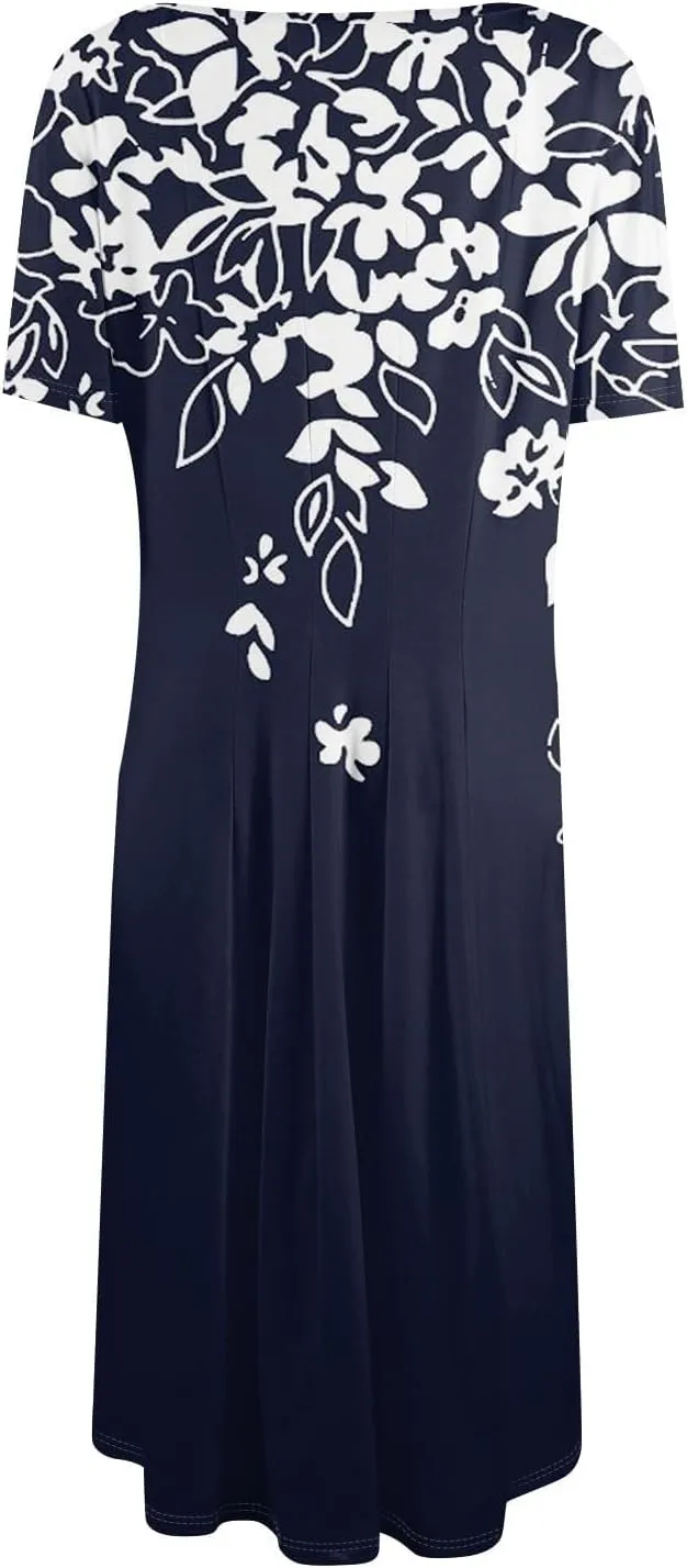 Summer Dresses for Women 2025 Elegant Pleated A Line Short Sleeve Midi Dress Boho Floral Beach Dresses Hawaiian Dress