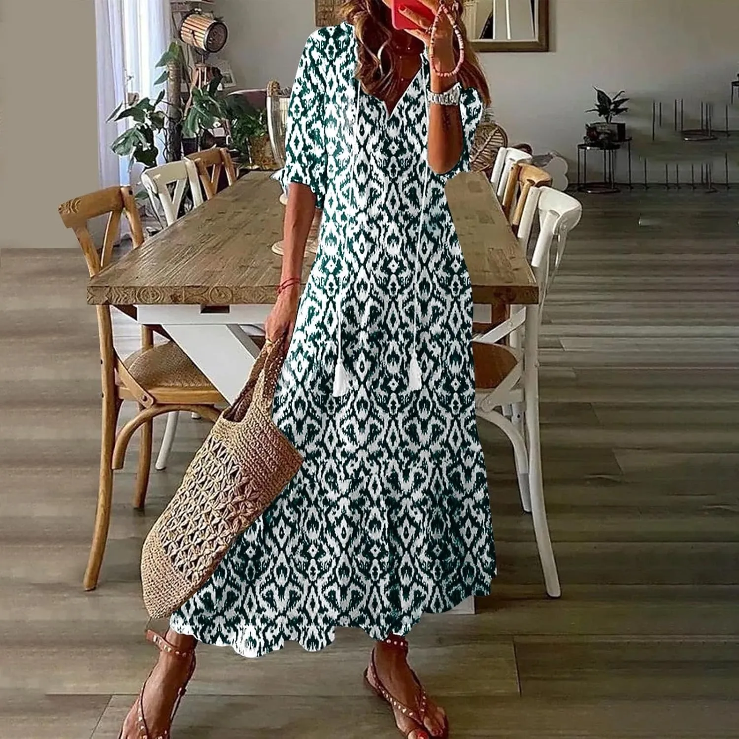 Summer Dresses for Women 2025 Floral Half Sleeve V Neck Maxi Dress Flowy Boho Beach Dresses Vacation Long Casual Dress