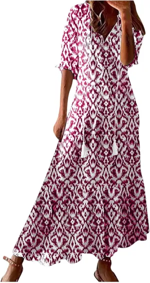 Summer Dresses for Women 2025 Floral Half Sleeve V Neck Maxi Dress Flowy Boho Beach Dresses Vacation Long Casual Dress