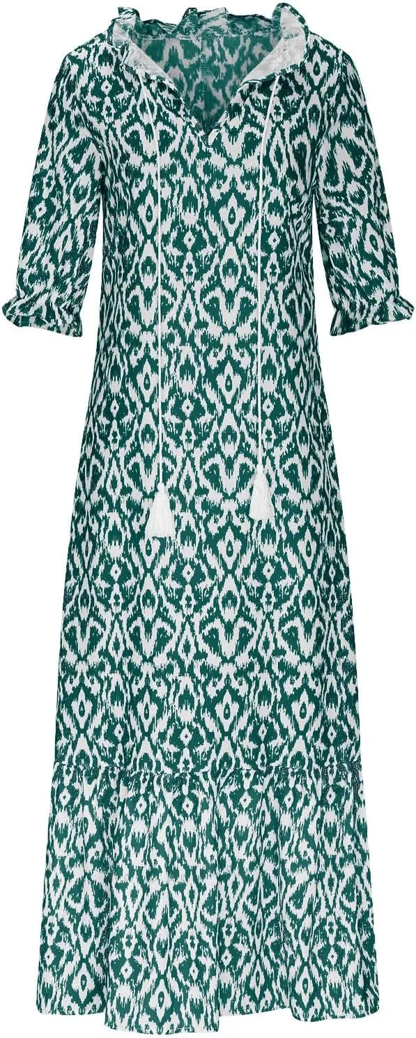 Summer Dresses for Women 2025 Floral Half Sleeve V Neck Maxi Dress Flowy Boho Beach Dresses Vacation Long Casual Dress