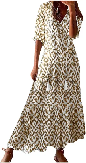 Summer Dresses for Women 2025 Floral Half Sleeve V Neck Maxi Dress Flowy Boho Beach Dresses Vacation Long Casual Dress